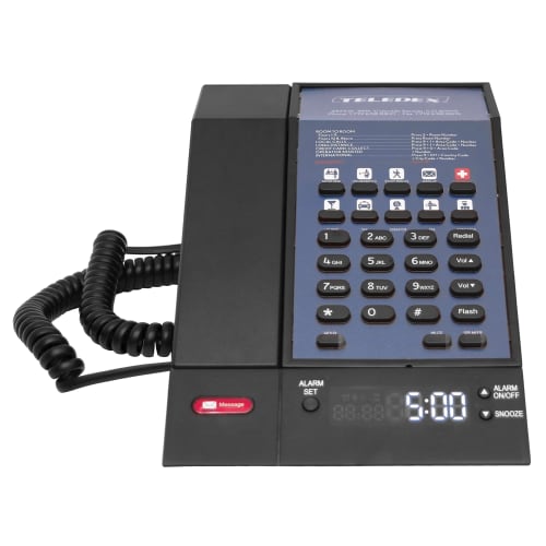 Teledex® M100 Single Line Corded Telephone with Speakerphone & Alarm Clock, 10 Guest Keys, Black